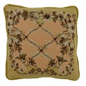 VTG Floral Lattice Needlepoint Pillow Multicolor Velvet Backing Square 13.5in